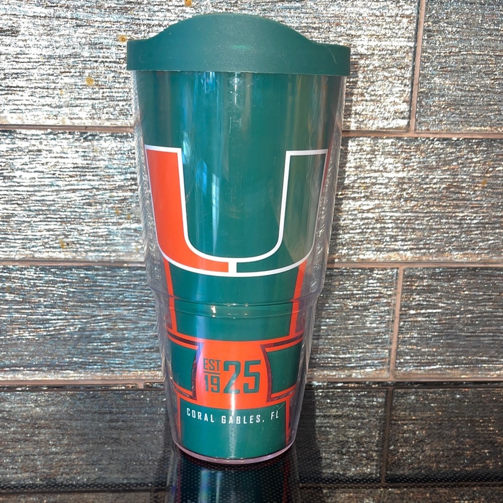 University of Miami College Tumbler Hurricanes Cup Travel Mug Orange Green The U